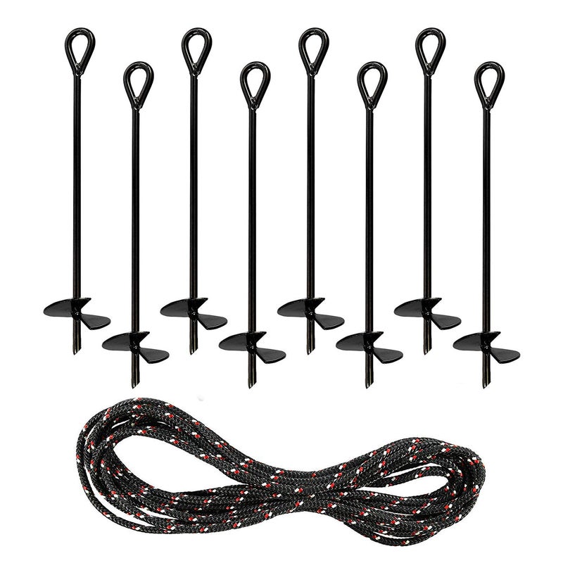 Yesland 8 Pack 15 Inch Black Ground Anchor, Reusable Heavy Duty Steel Wind Stakes, 3/8 Inch Thick in Diameter with 25 Feet of Rope - Image 1